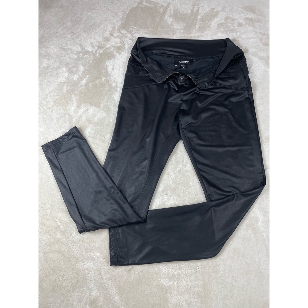 Bebe Black Faux Leather Leggings Front Zip High Rise Slim Fit Pants Womens Small
